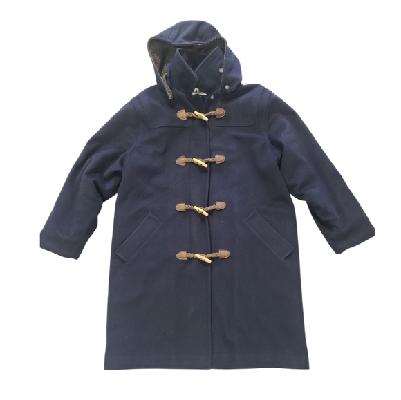 L.L. Bean blue wool hooded tartan lined leather toggle vintage jacket women's M - Picture 1 of 13